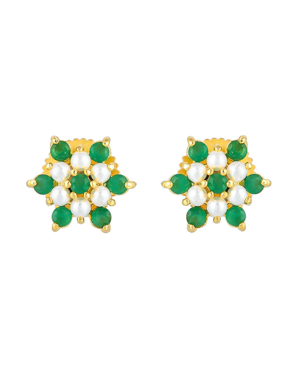 Women's White And Green Cz Gems Floral Stud Earrings - Voylla