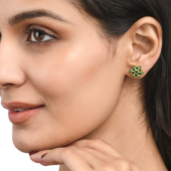 Women's Green Round Cut Zircons Gold Plated Stud Earrings - Voylla