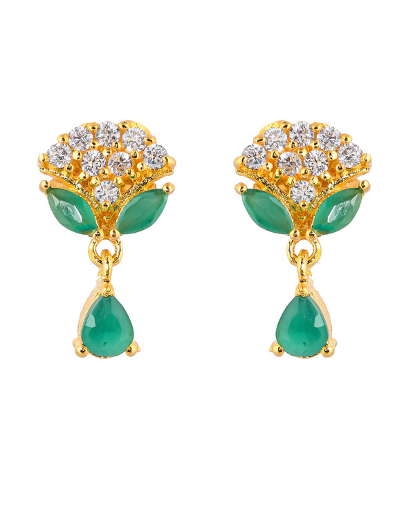 Women's Floral Motif White And Green Tiny Drop Earrings - Voylla