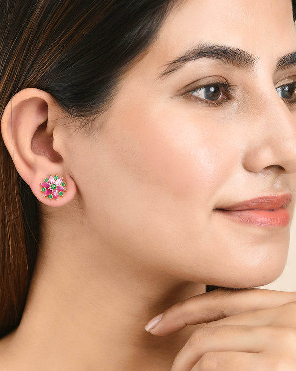 Women's Pink And Green Cz Casual Stud Earrings - Voylla