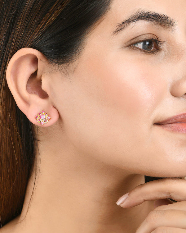 Women's Gold Plated Pink Cz Gems Stud Earrings - Voylla