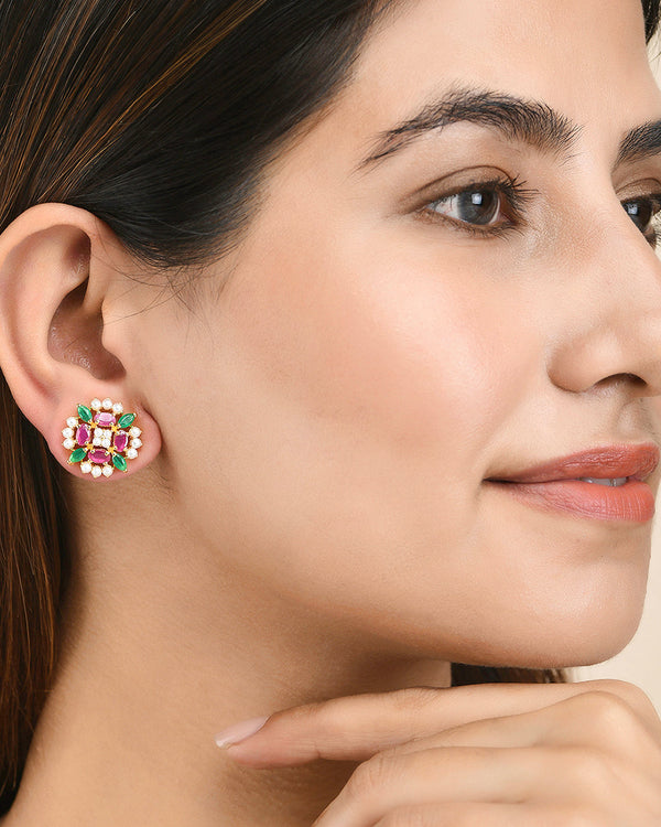 Women's White Pearl Beaded Pink And Green Cz Stud Earrings - Voylla