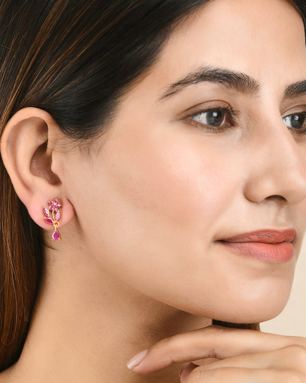 Women's Marquise Cut Pink Cz Floral Stud Earrings - Voylla