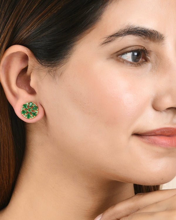 Women's Round Green Zirconia Gems Stud Earrings - Voylla