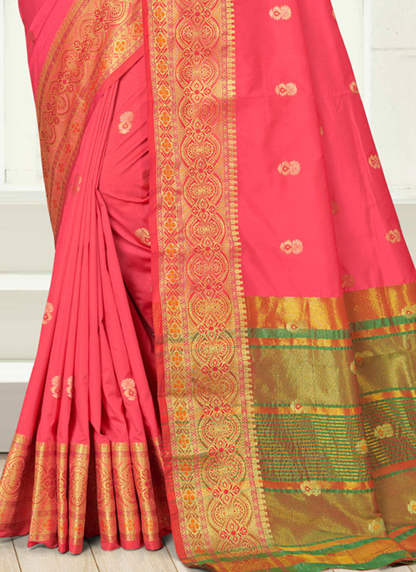 Women's Peach Silk Zari Woven Work Traditional Saree - Sangam Prints