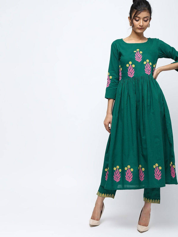 Women's Green Pintuck A-Line Block Print Kurta Only - Cheera