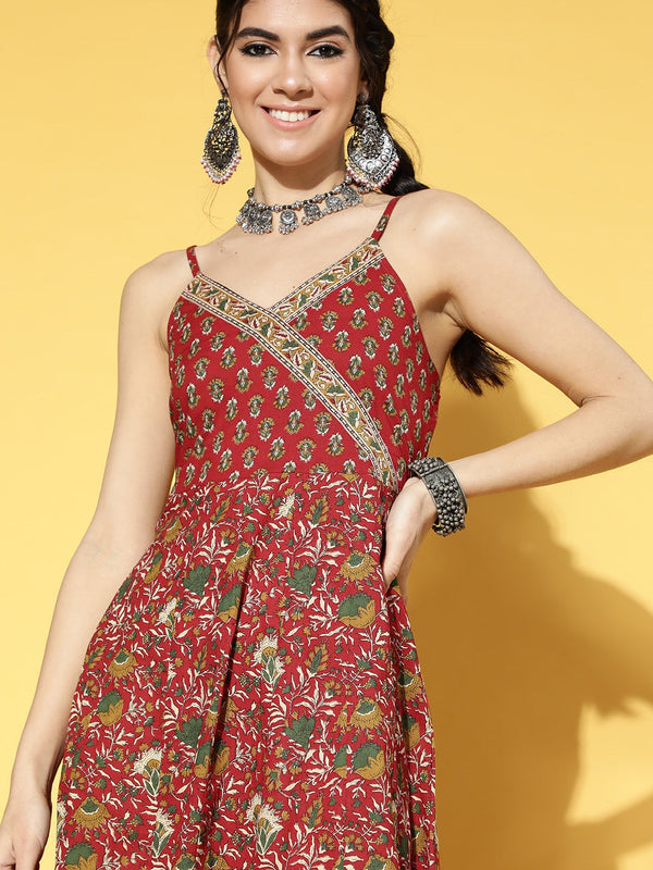 Red & Brown Printed Dress-Indiakreations-JS9566DRSRDS