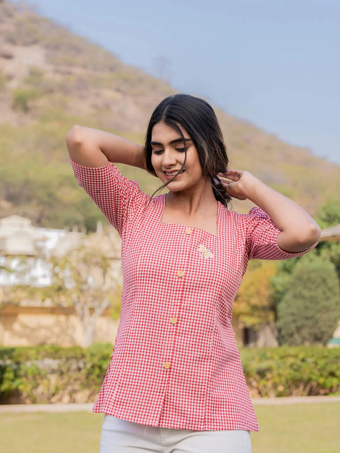 Red Cotton Checks Printed Top-Indiakreations-JS1500TOPRDS