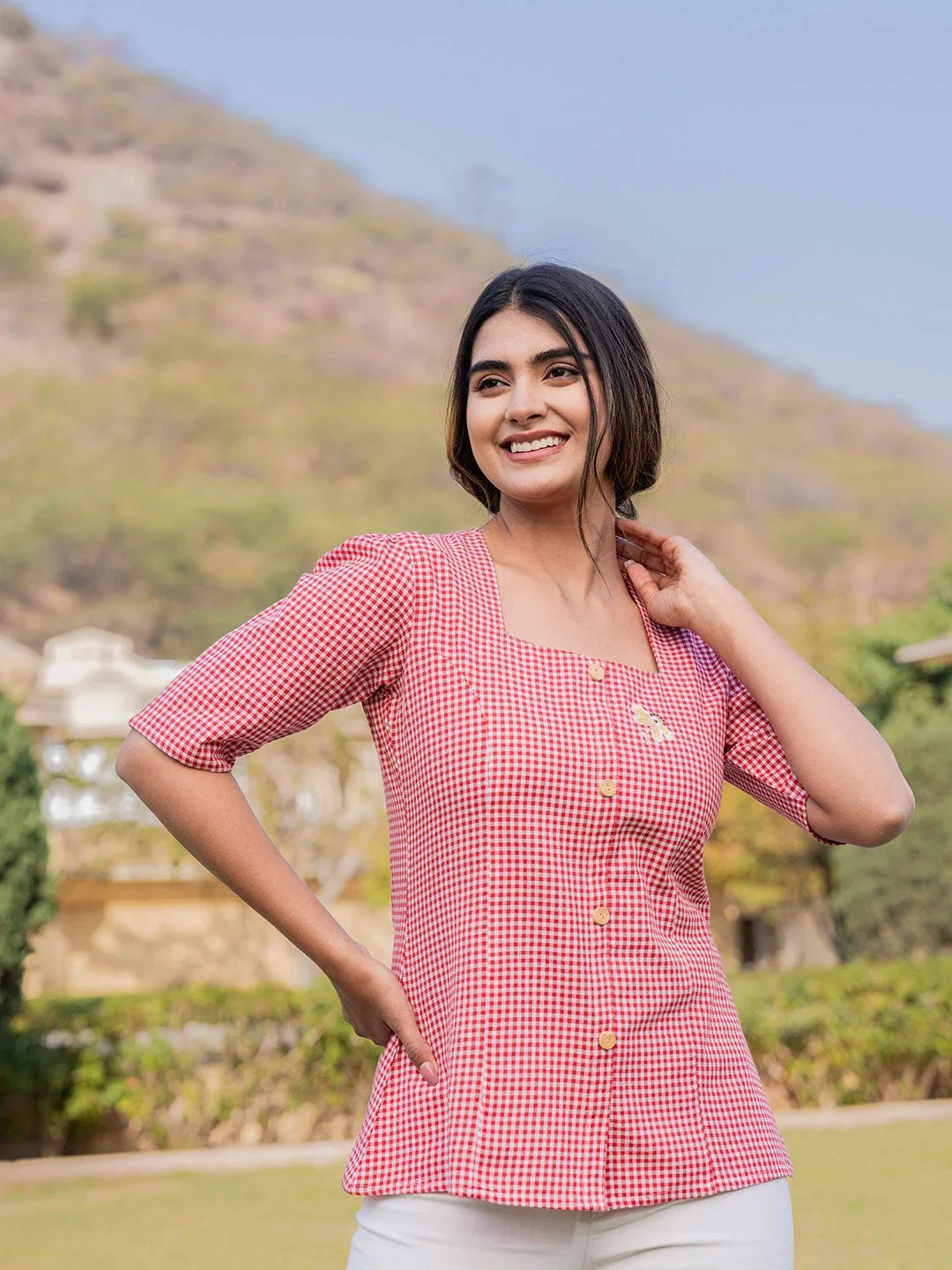 Red Cotton Checks Printed Top-Indiakreations-JS1500TOPRDS