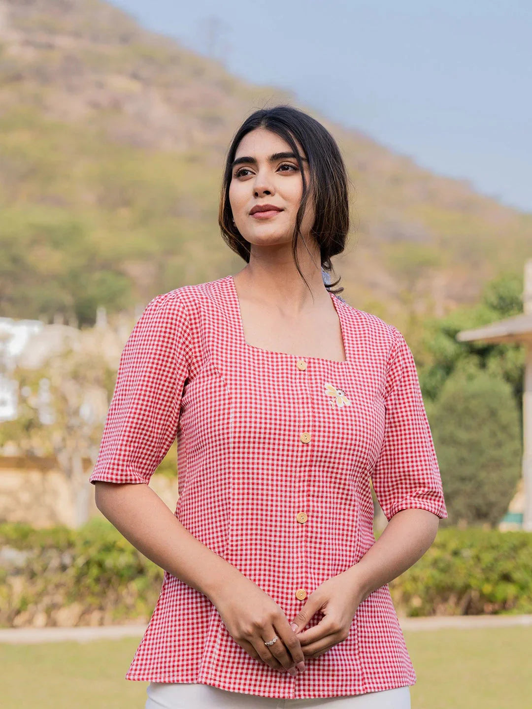 Red Cotton Checks Printed Top-Indiakreations-JS1500TOPRDS