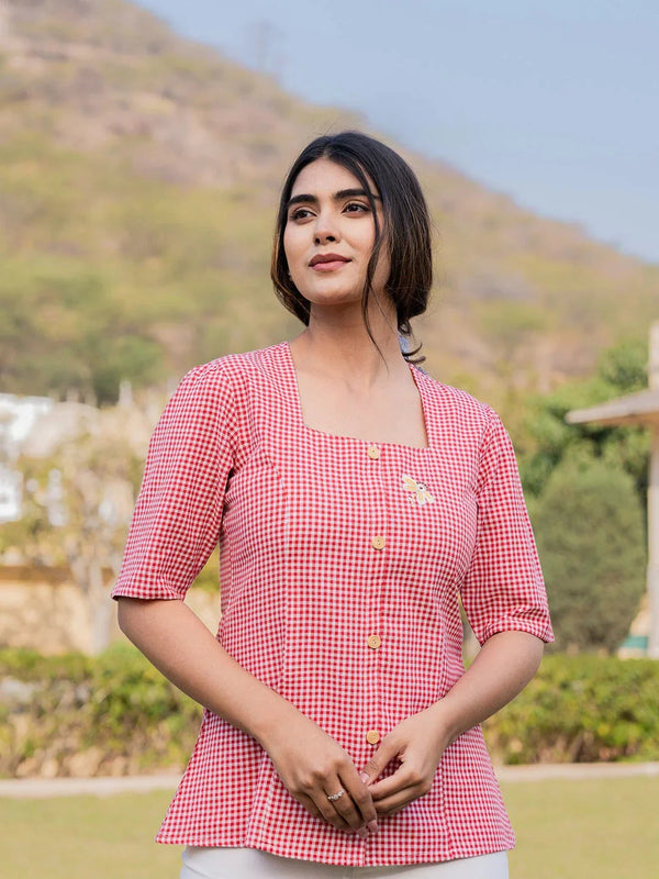 Red Cotton Checks Printed Top-Indiakreations-JS1500TOPRDS