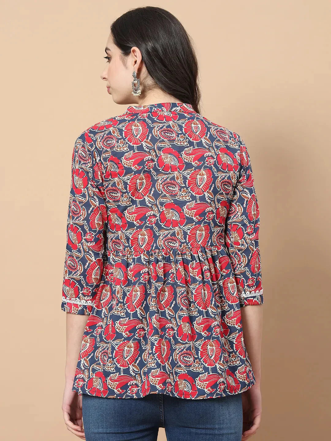 Red Cotton Floral Print Peplum Top With Lace Detailing-Indiakreations-JS1758TOPRDS