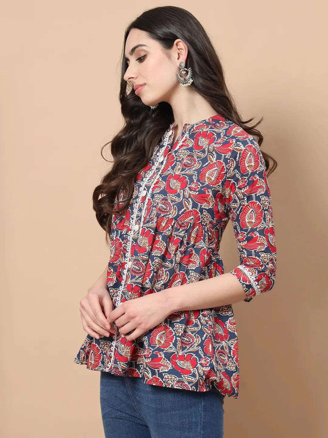 Red Cotton Floral Print Peplum Top With Lace Detailing-Indiakreations-JS1758TOPRDS