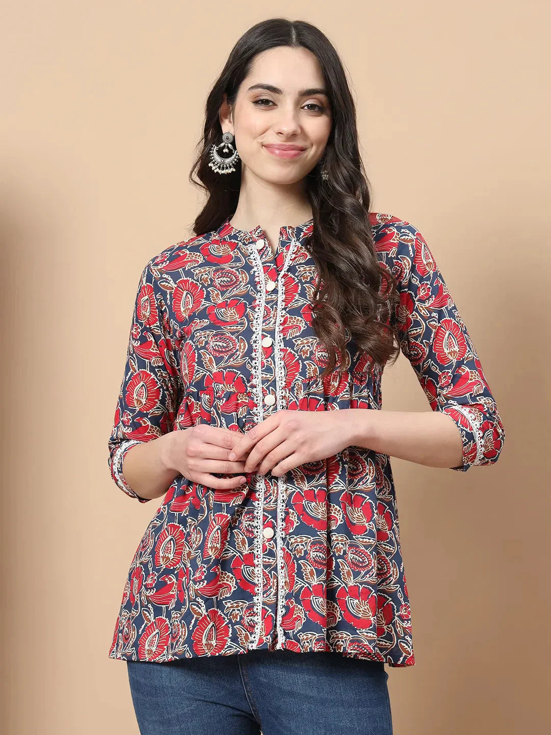 Red Cotton Floral Print Peplum Top With Lace Detailing-Indiakreations-JS1758TOPRDS