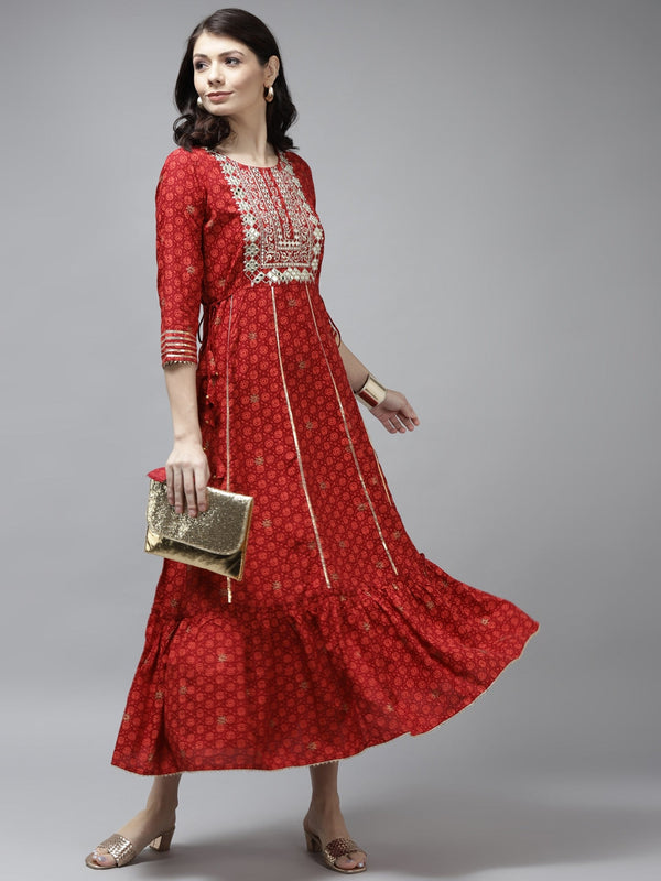 Red Embroidered Midi Dress-Indiakreations-JS5808DRSRDS