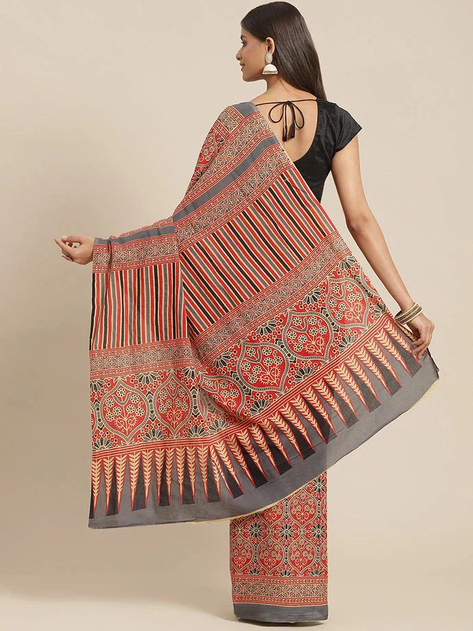 Red & Grey Printed Saree-Indiakreations-JS6036SARRD