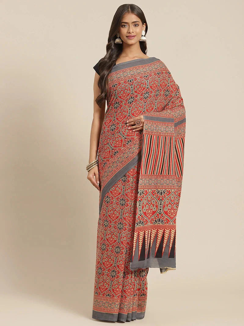 Red & Grey Printed Saree-Indiakreations-JS6036SARRD