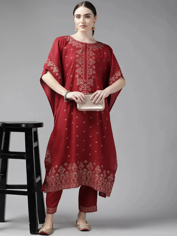 Red Kaftan Kurta Set-Indiakreations-JS9986KSTRDS