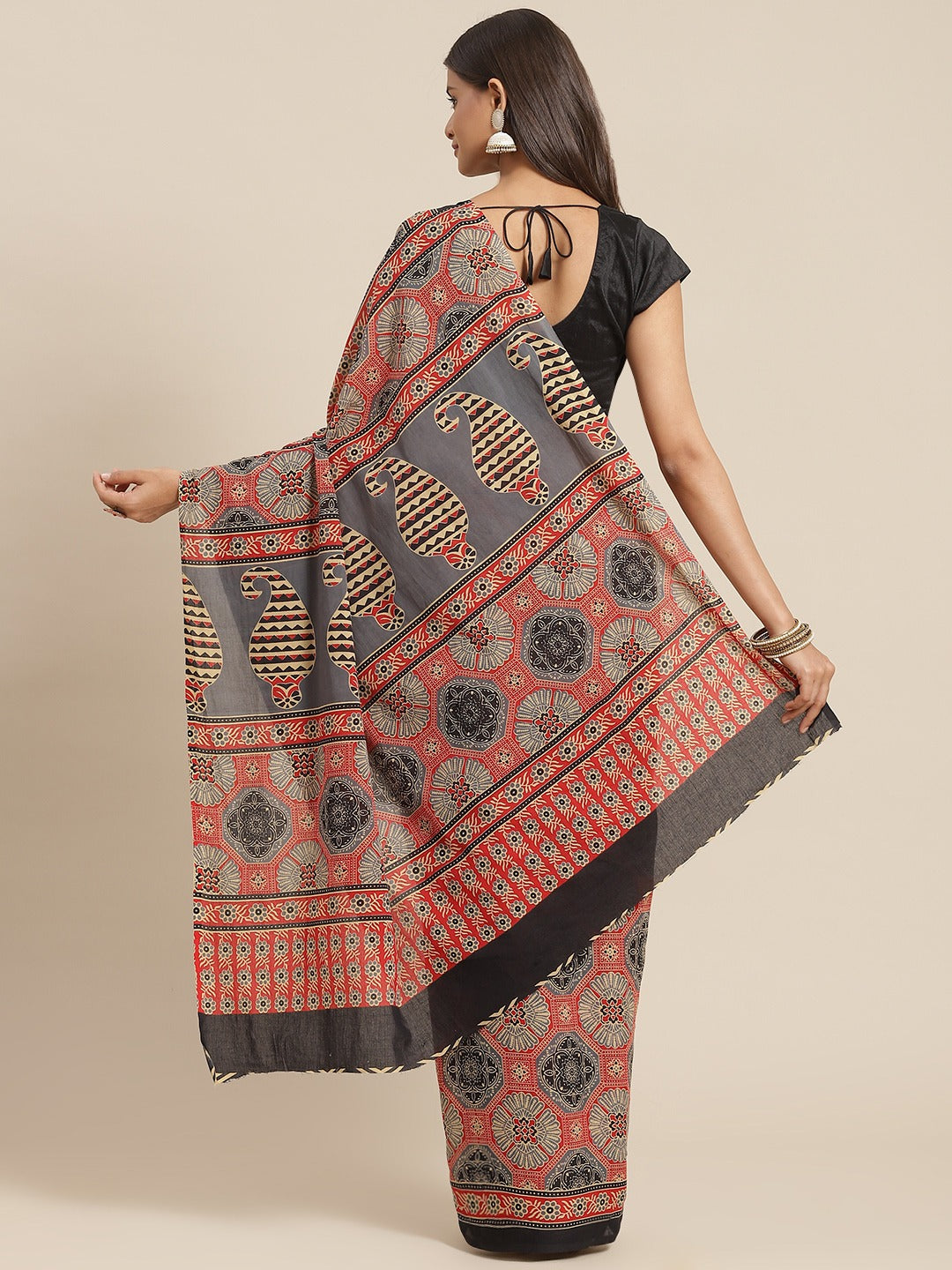 Red & Olive Green Printed Saree-Indiakreations-JS6036SAROL