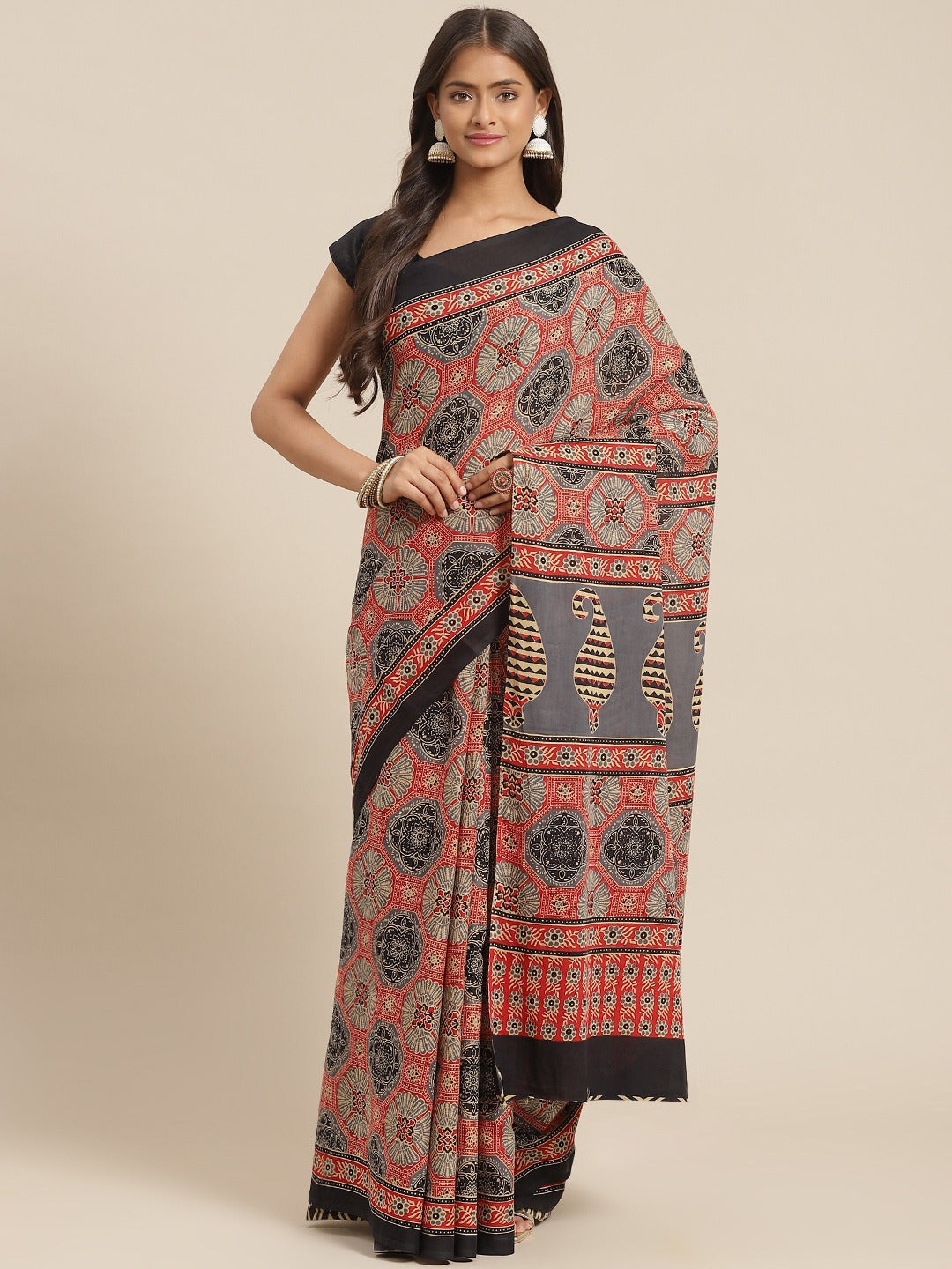 Red & Olive Green Printed Saree-Indiakreations-JS6036SAROL