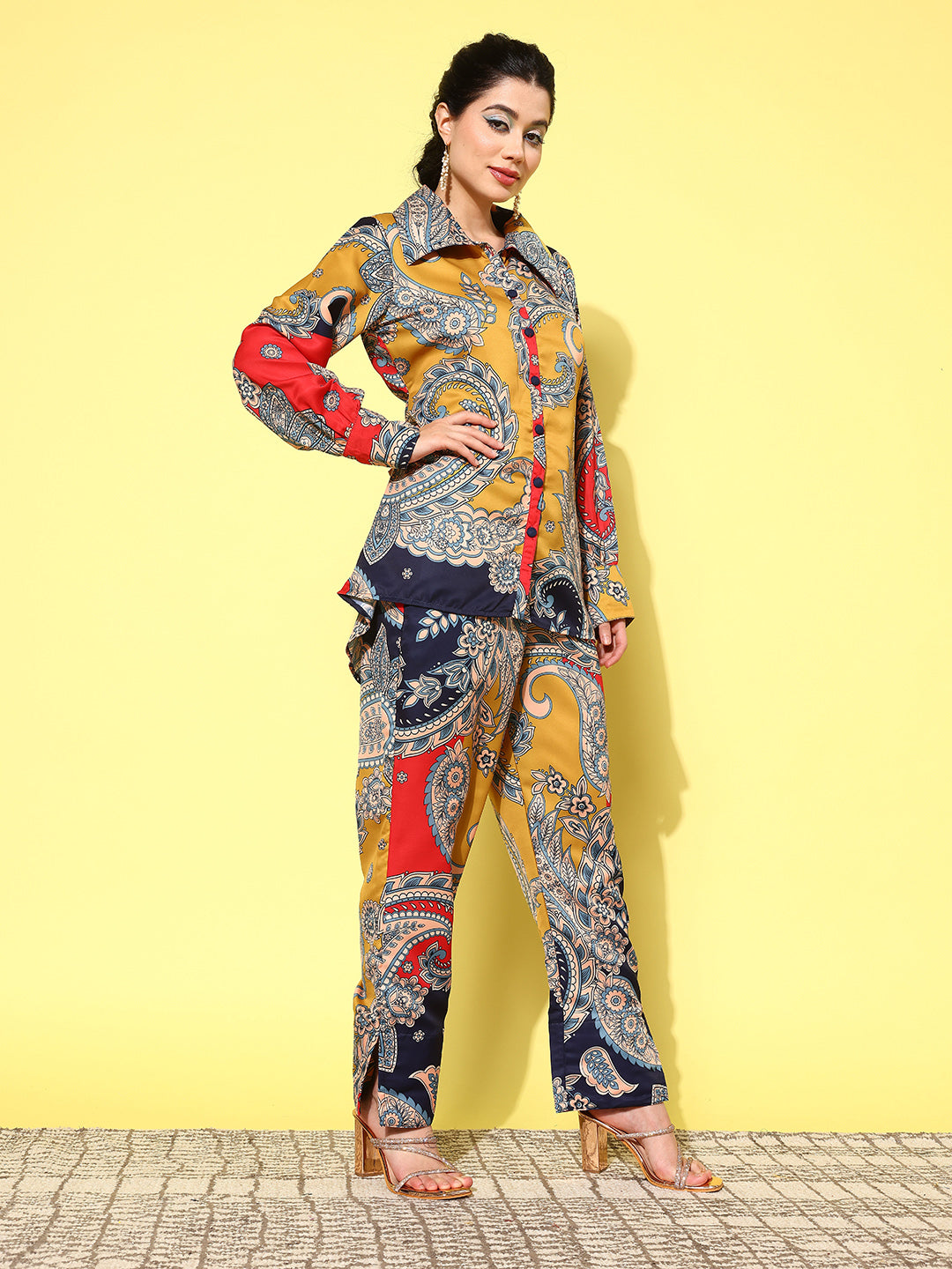 Red Paisley Printed Satin Co-Ords-Indiakreations-JS1450CRDRDS