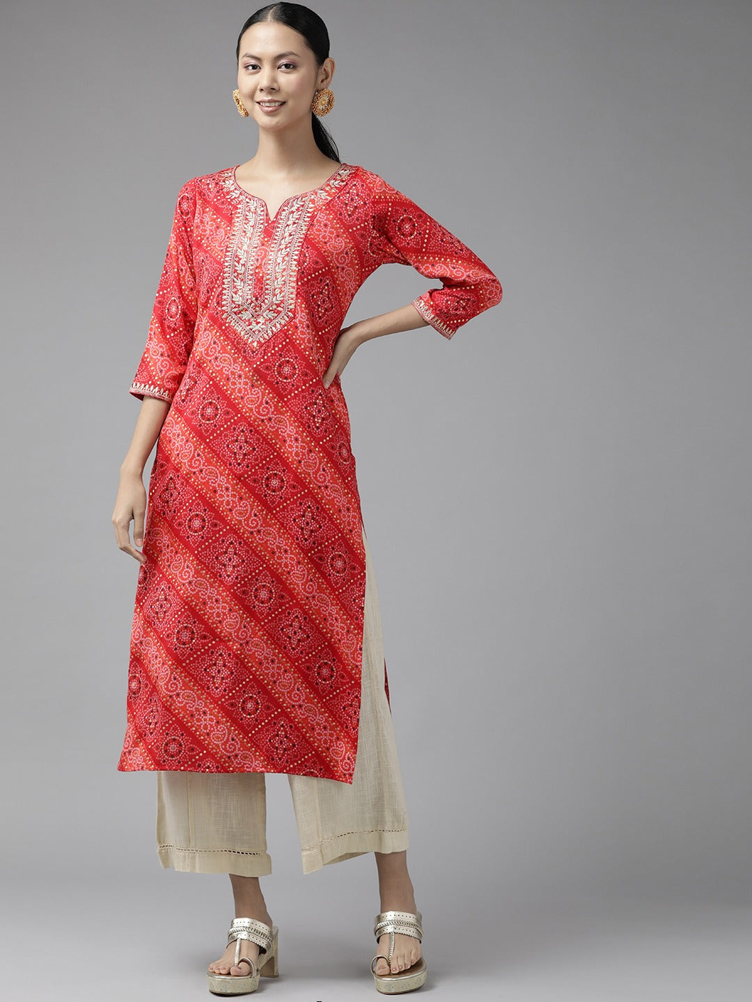 Red Printed Kurta-Indiakreations-JS9343KURRDS