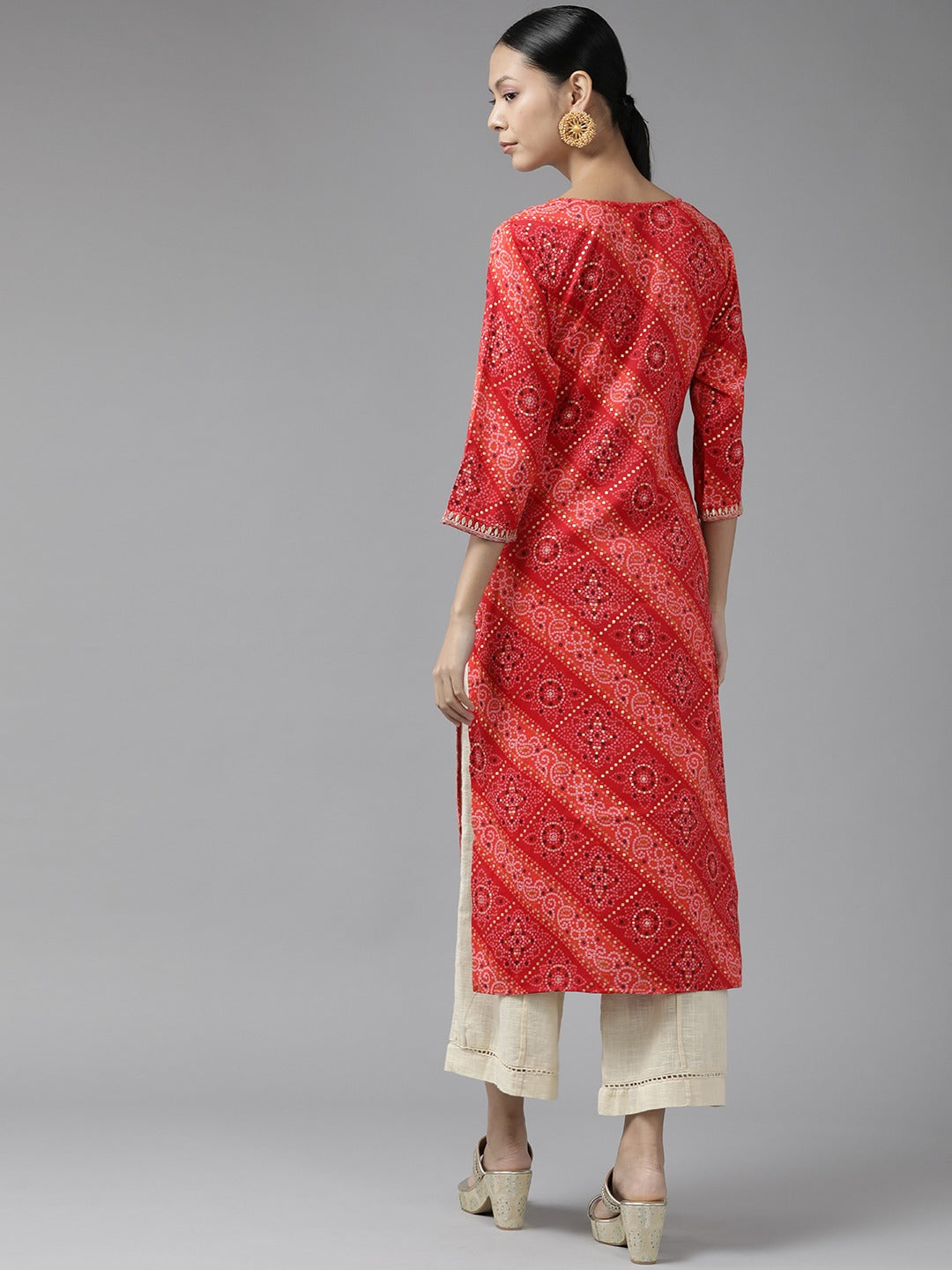 Red Printed Kurta-Indiakreations-JS9343KURRDS