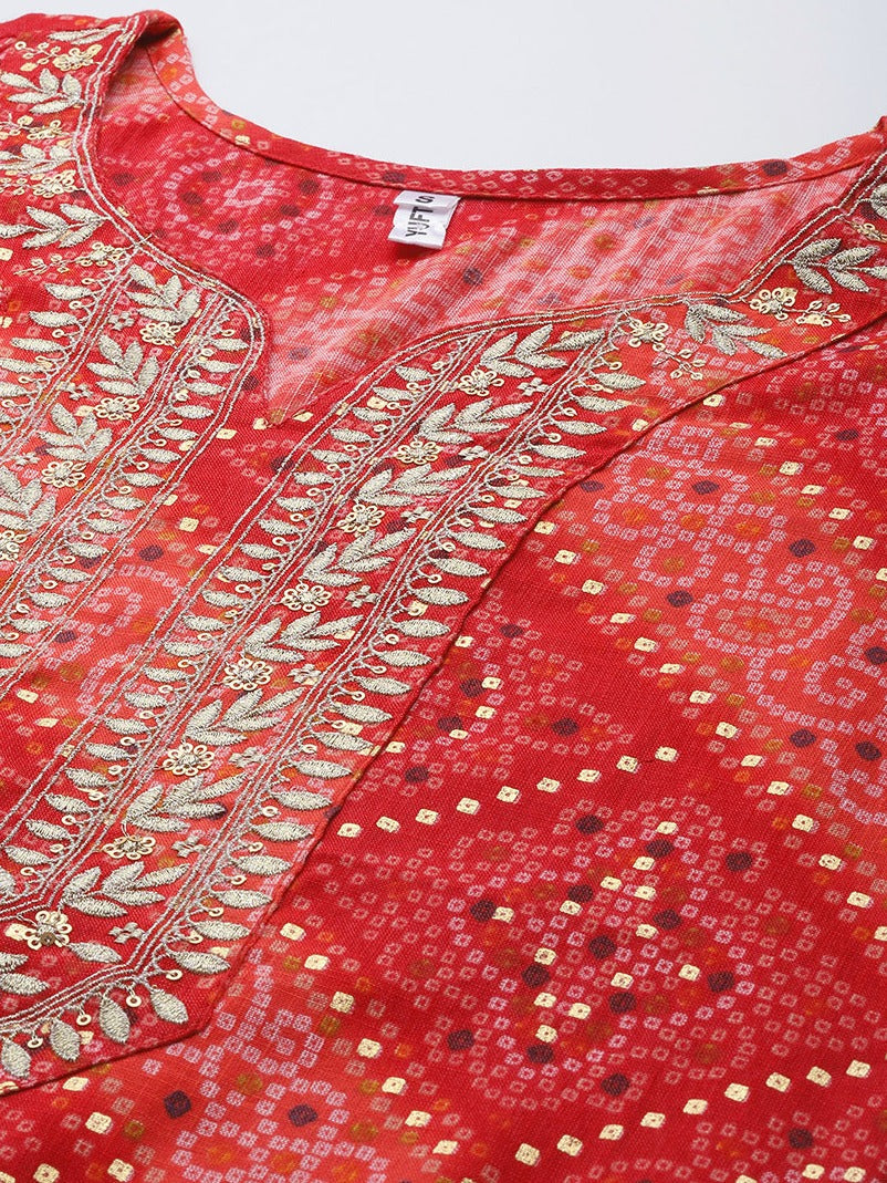 Red Printed Kurta-Indiakreations-JS9343KURRDS