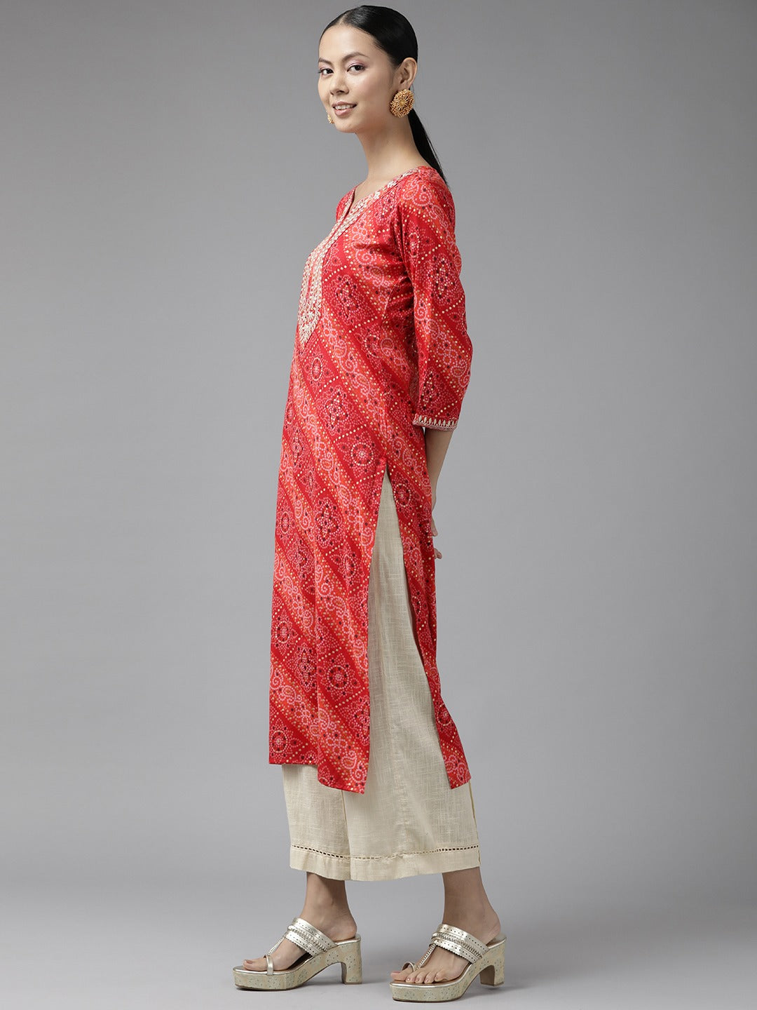 Red Printed Kurta-Indiakreations-JS9343KURRDS