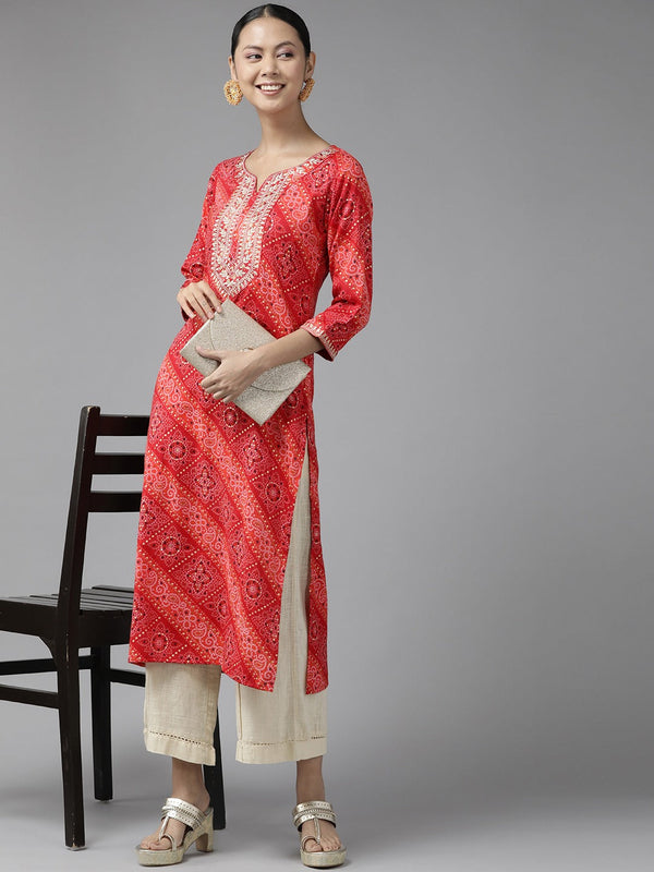 Red Printed Kurta-Indiakreations-JS9343KURRDS