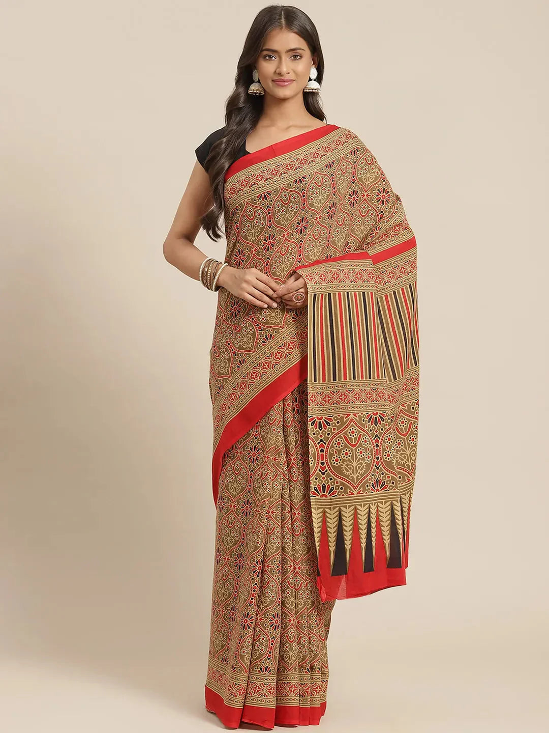 Red Printed Saree-Indiakreations-JS6035SARRD