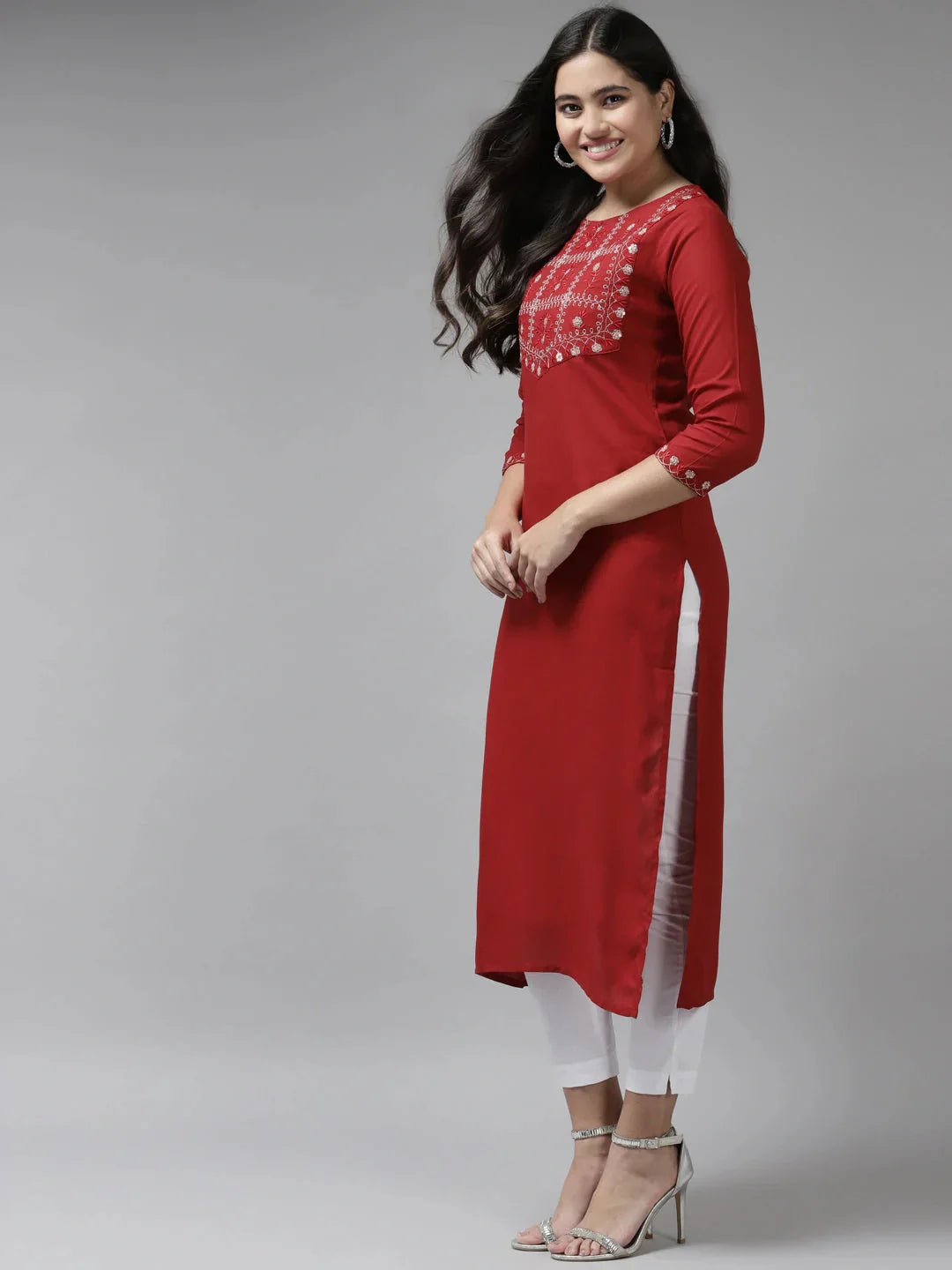 Red Thread Work Kurta-Indiakreations-JS6214KURRDS