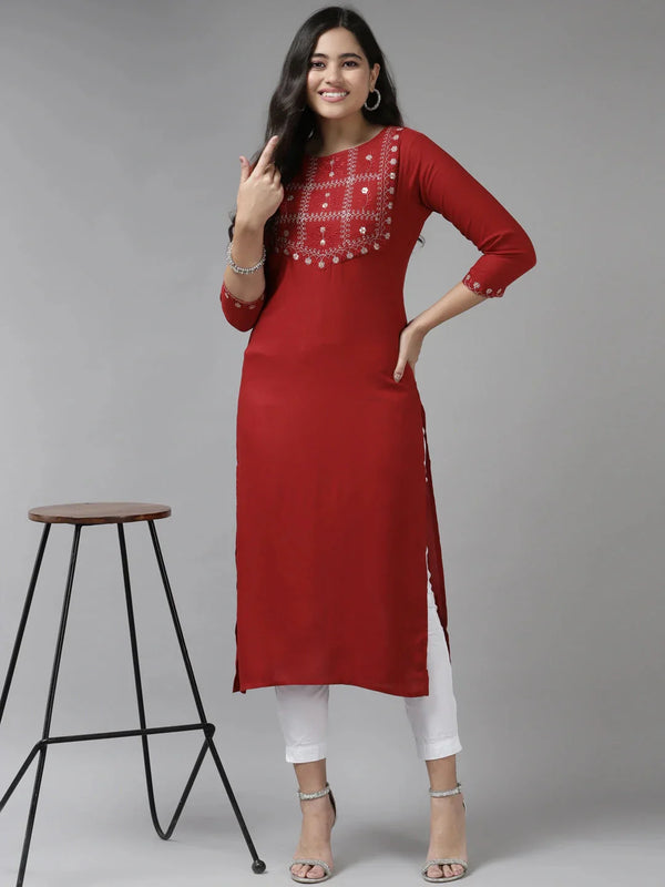 Red Thread Work Kurta-Indiakreations-JS6214KURRDS