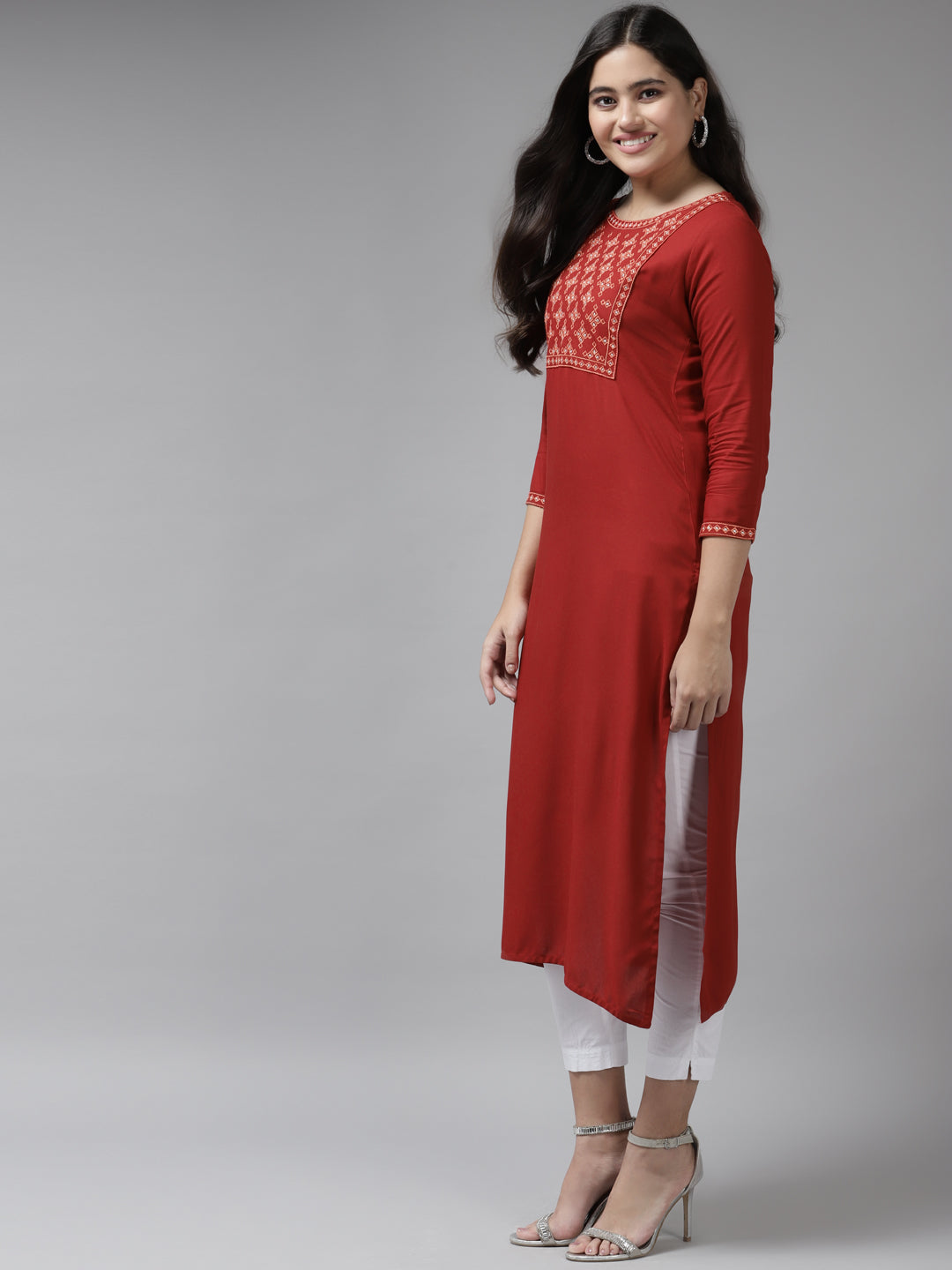 Red Yoke Design Kurta-Indiakreations-JS6213KURRDS