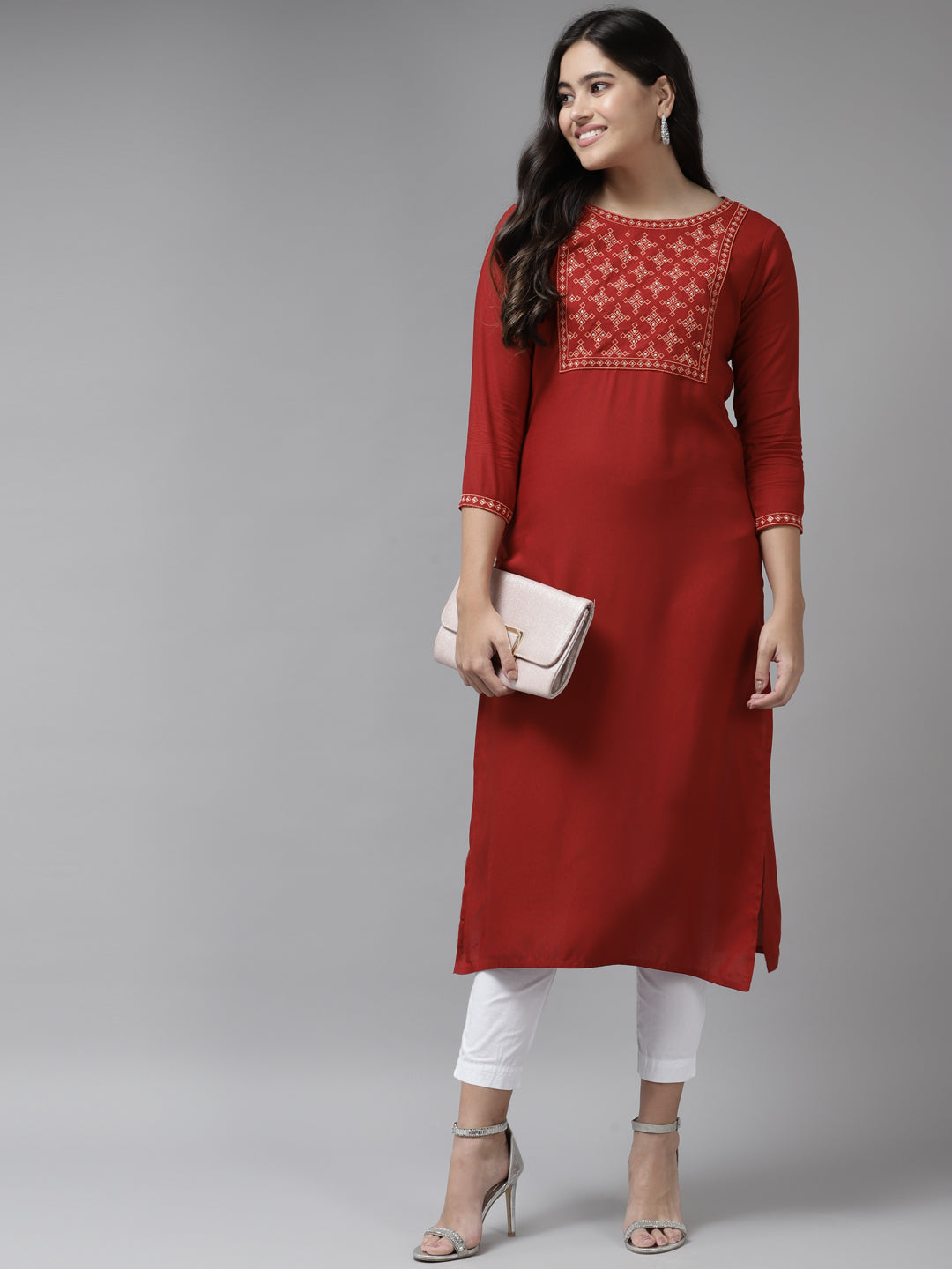 Red Yoke Design Kurta-Indiakreations-JS6213KURRDS