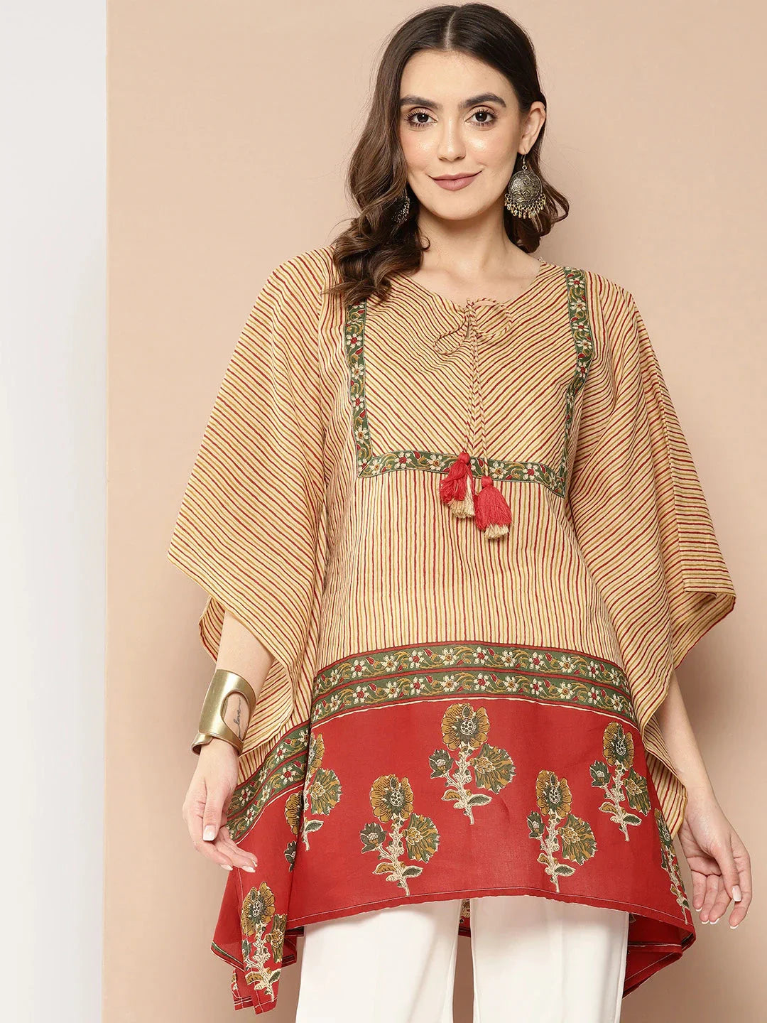 Red and beige Striped Cotton Kaftan Longline Top-Indiakreations-JS1411TOPRDS