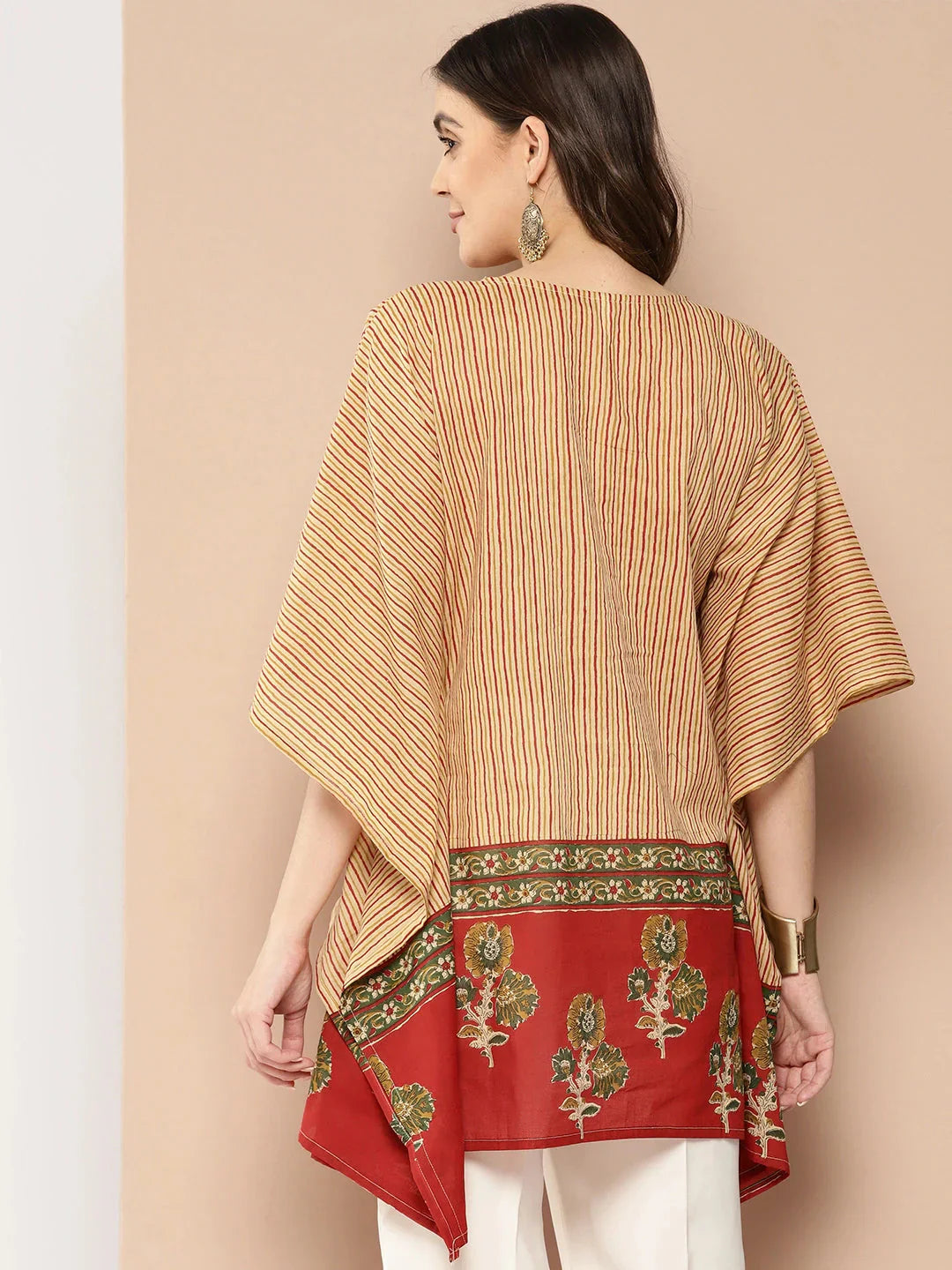 Red and beige Striped Cotton Kaftan Longline Top-Indiakreations-JS1411TOPRDS