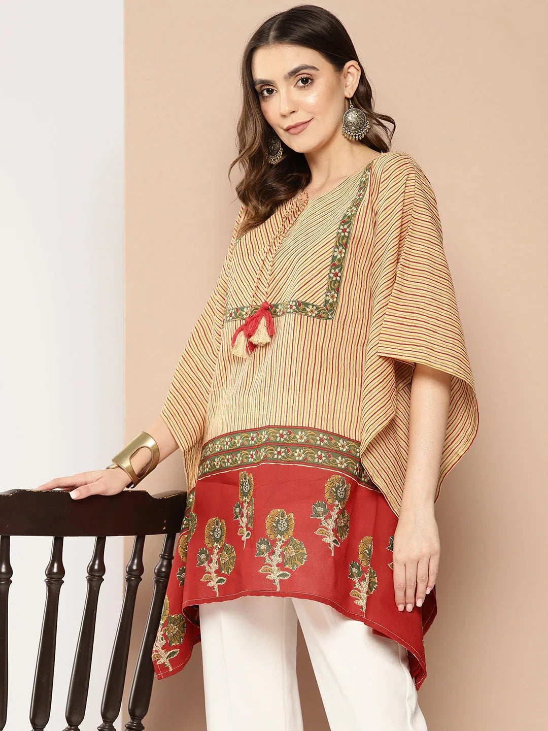 Red and beige Striped Cotton Kaftan Longline Top-Indiakreations-JS1411TOPRDS