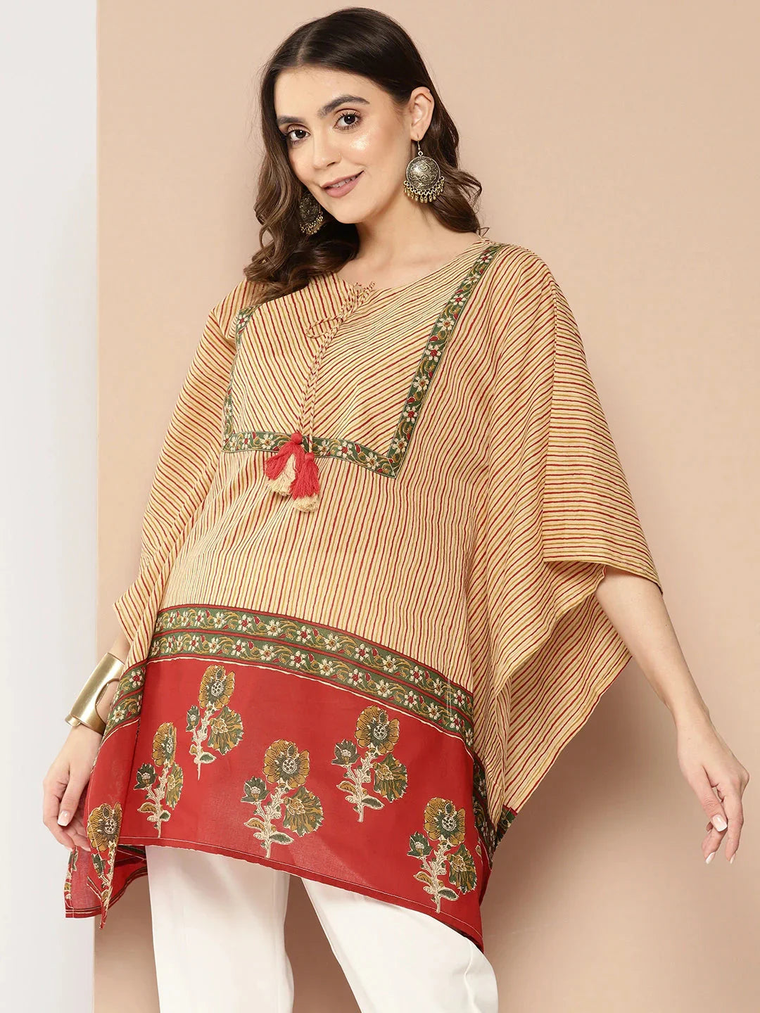 Red and beige Striped Cotton Kaftan Longline Top-Indiakreations-JS1411TOPRDS