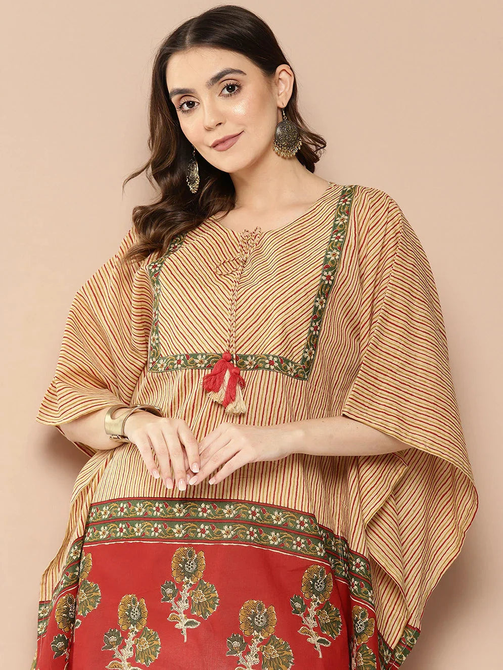 Red and beige Striped Cotton Kaftan Longline Top-Indiakreations-JS1411TOPRDS