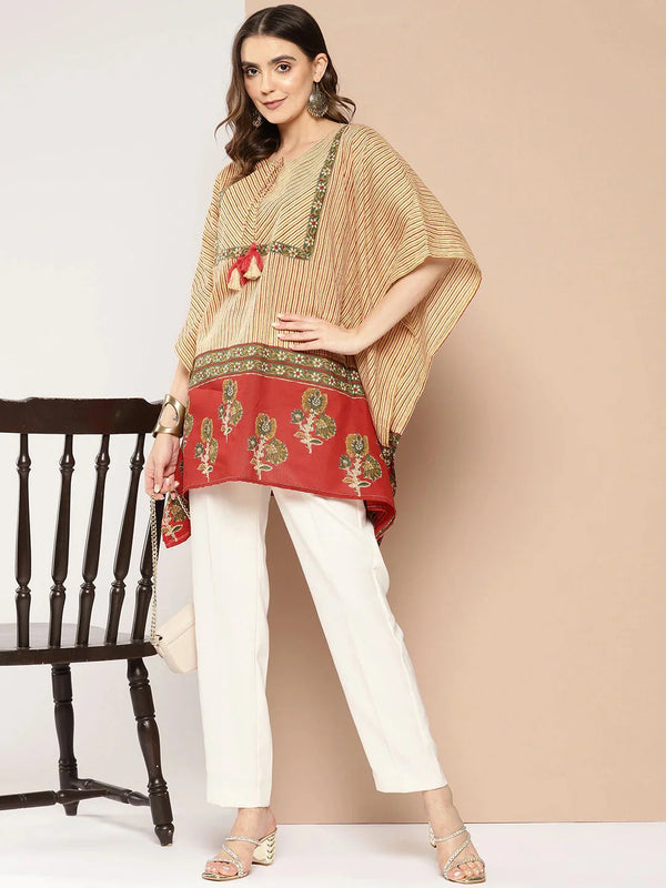 Red and beige Striped Cotton Kaftan Longline Top-Indiakreations-JS1411TOPRDS