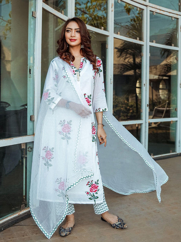 Women's White Printed Viscose Rayon Kurta, Pant And Dupatta Set - Alvami