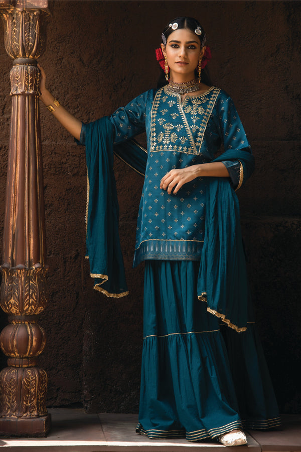 Jashvi Teal Ethnic Motif Printed Satin Slub with Zari Embroidery Kurta Sharara & Dupatta Set.