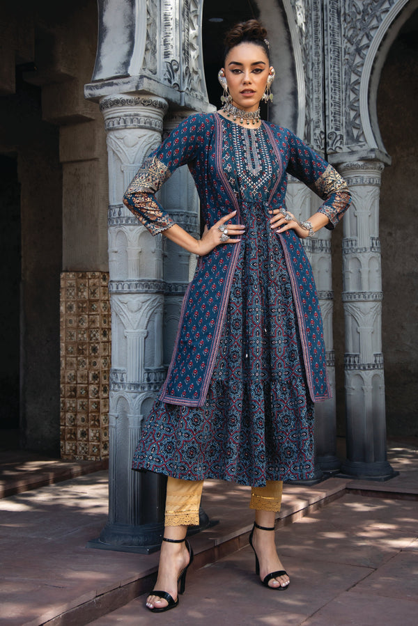 Jashvi Teal Ethnic Motif Printed Chanderi Layered Maxi Dress With Zari Work Embroidery