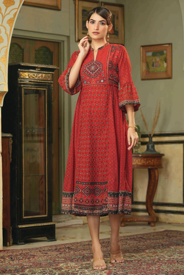 Women's  Red Georgette Festive Printed Flared Dress For Women - Juniper