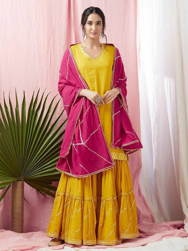 Women's Yellow And Pink Cambric Cotton Kurta Skirt Dupatta Set - Cheera