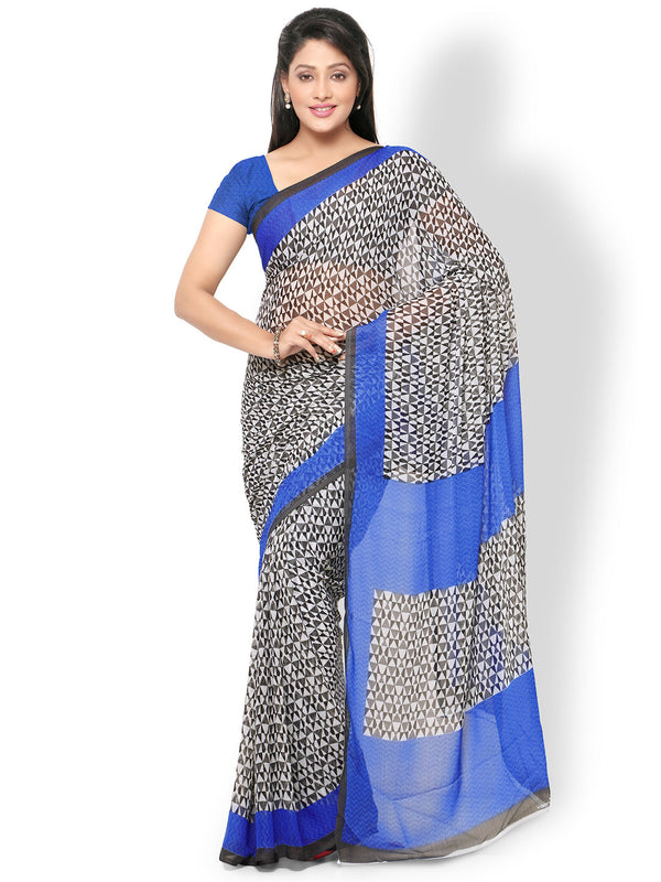 Women's Blue Chiffon Printed Saree - Ahika