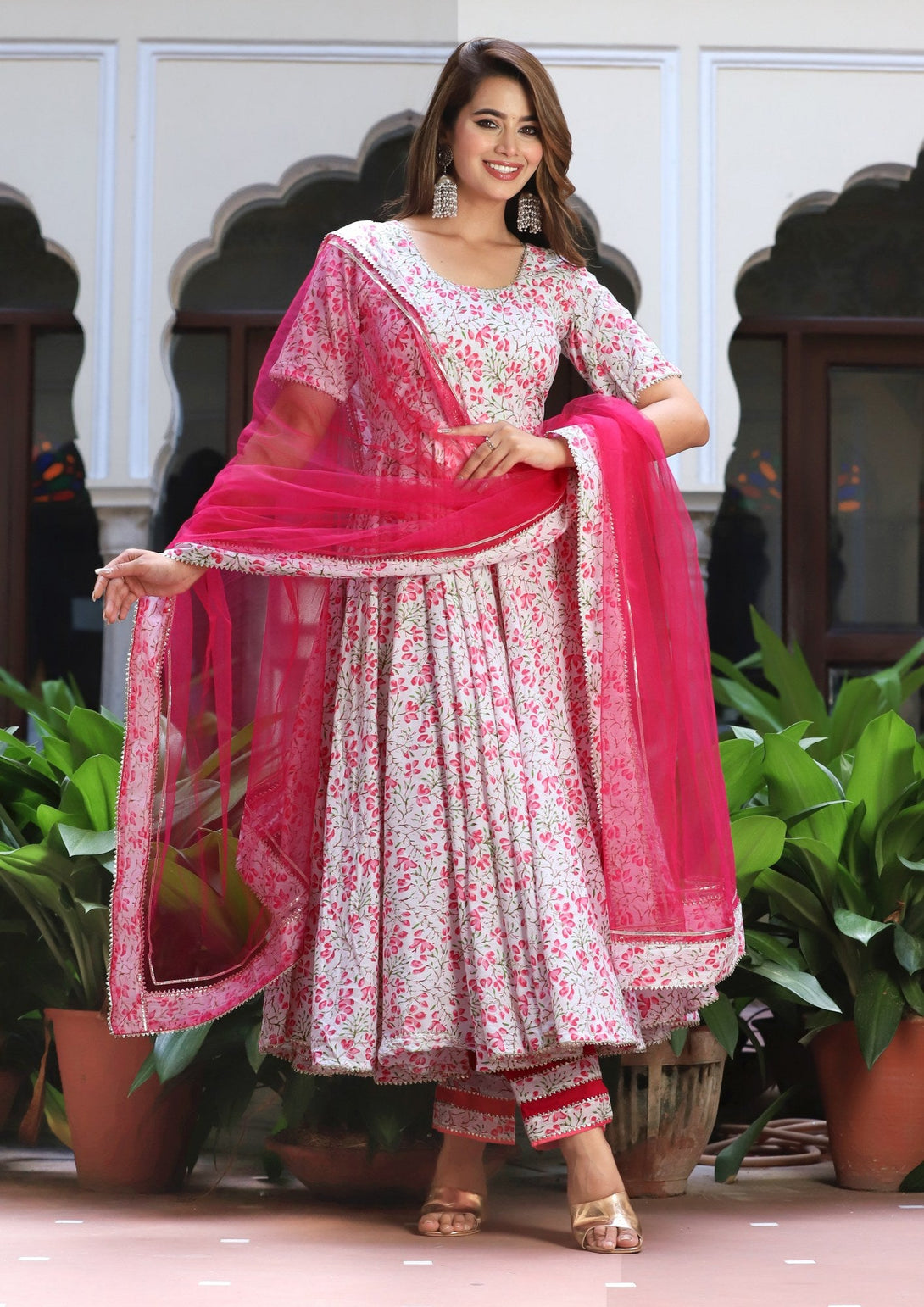 Women's Rosy Pink Cotton Anarkali Set - Lado Jaipuri