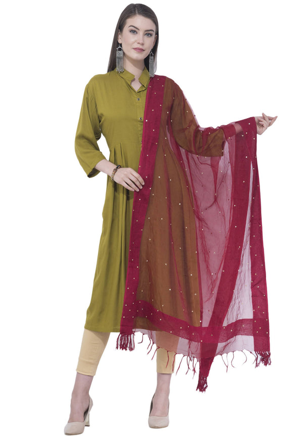 A R Silk Women's Stone Work Orgenza Cotton Mehroon Dupattas and Chunnis