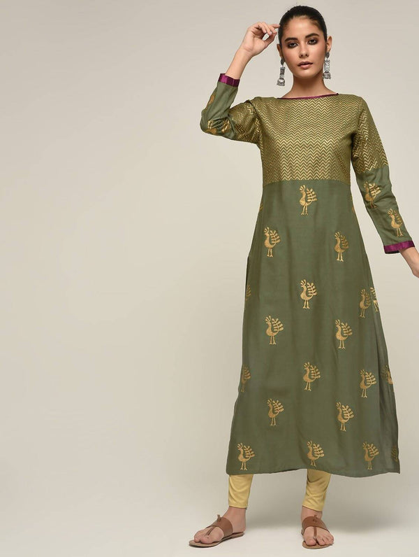 Women's Olive Green 100% Cotton Hand Block Print Kurta Only - Cheera